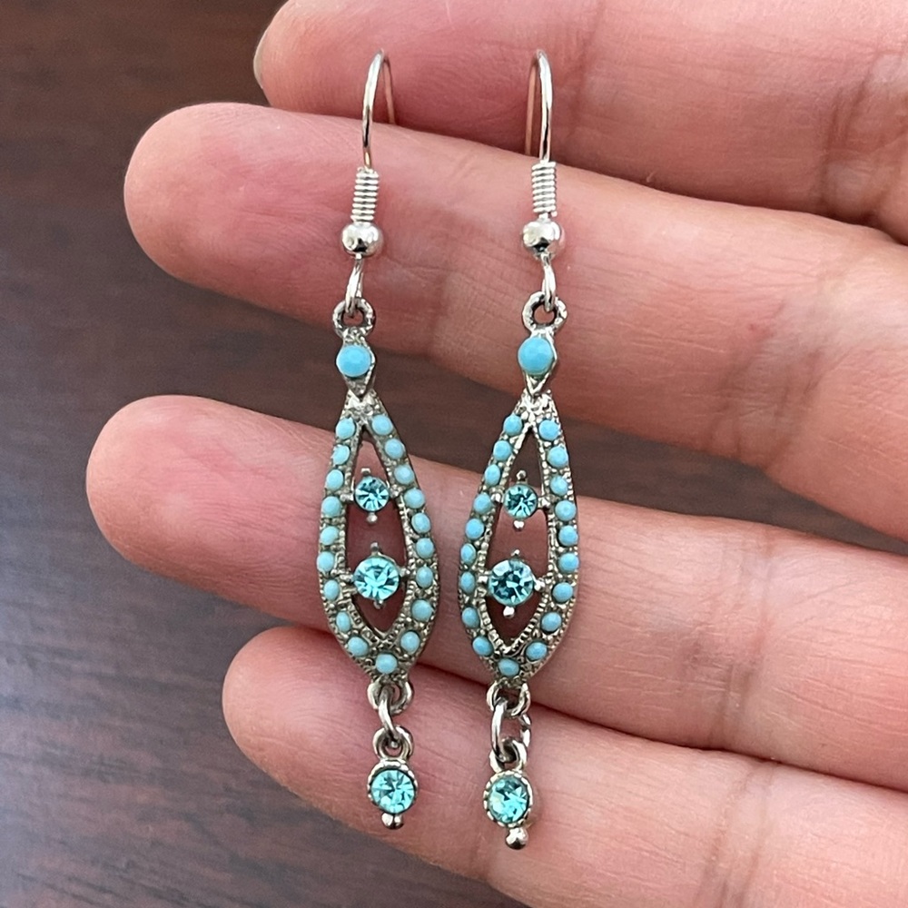 Turquoise blue topaz color rhinestone silver tone drop earrings